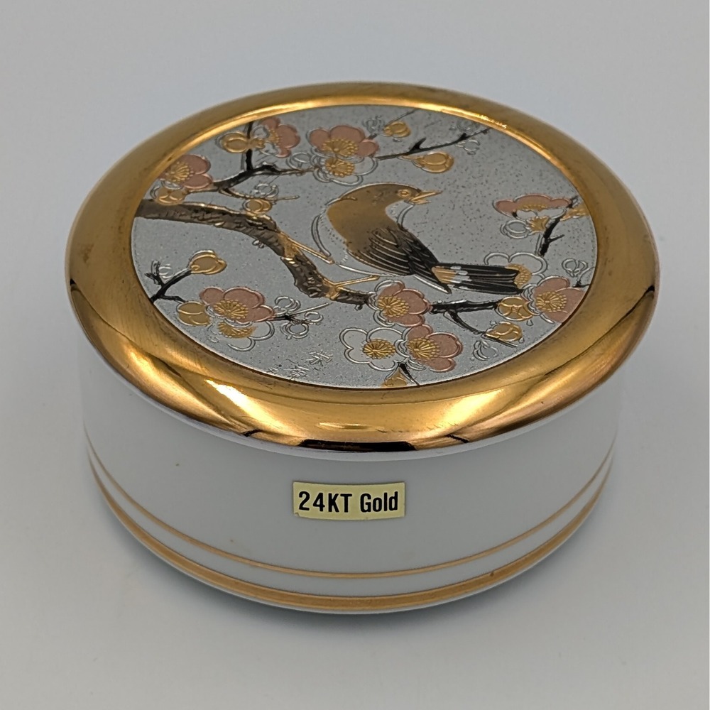 Art of Chokin Porcelain Trinket Box 24KT Gold Bird Cherry Blossom Vintage Japan
